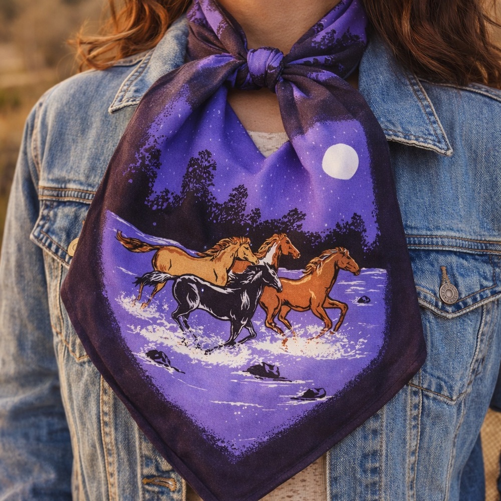 Vintage Western Horses Scenic Bandana Purple Moon Night 50/50 Poly Cotton USA